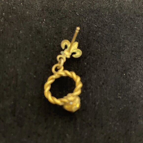 Gold Tone Fleur De Lis Stud Dangling Circle with Small Pearl in Center Earrings - Picture 7 of 9